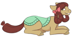 Size: 1151x593 | Tagged: safe, artist:cowcumber, imported from derpibooru, yona, earth pony, pony, she's all yak, eye clipping through hair, eyebrows, eyebrows visible through hair, female, grin, lying down, mare, ponified, pony yona, prone, simple background, smiling, solo, species swap, transparent background