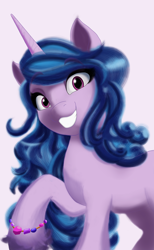 Size: 3692x6000 | Tagged: safe, artist:theroyalprincesses, imported from derpibooru, izzy moonbow, pony, unicorn, absurd resolution, eye clipping through hair, eyebrows, eyebrows visible through hair, female, g5, grin, looking at you, mare, my little pony: a new generation, raised hoof, simple background, smiling, smiling at you, solo, white background