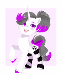 Size: 3000x3625 | Tagged: safe, artist:irusumau, imported from derpibooru, oc, oc only, oc:hazel radiate, pony, unicorn, blushing, bow, cheek fluff, chest fluff, clothes, colored hooves, cute, ear fluff, eyebrows, eyelashes, female, hair over one eye, high res, highlights, horn, mare, open mouth, open smile, passepartout, ponytail, purple eyes, request, simple background, smiling, socks, solo, striped socks, tail, tail bow, teeth, unicorn oc, unshorn fetlocks, white background