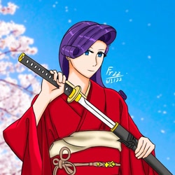 Size: 1024x1024 | Tagged: safe, artist:lencai123, imported from derpibooru, rarity, human, cherry blossoms, clothes, female, flower, flower blossom, humanized, katana, kimono (clothing), samurai, signature, smiling, solo, sword, unsheathing, weapon