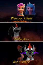 Size: 640x960 | Tagged: safe, artist:jadeharmony, edit, edited screencap, imported from derpibooru, screencap, izzy moonbow, king sombra, sunny starscout, earth pony, opossum, pony, unicorn, weasel, spoiler:my little pony: a new generation, buck (ice age 3: dawn of the dinosaurs), crash (ice age 2: the meltdown), eddie (ice age 2: the meltdown), female, g4, g5, ice age, ice age 3: dawn of the dinosaurs, implied death, male, mare, meme, my little pony: a new generation, possible spoilers, shitposting, stallion, text