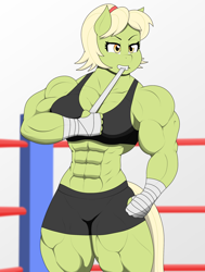 Size: 1800x2382 | Tagged: safe, artist:matchstickman, imported from derpibooru, granny smith, anthro, abs, boxing, boxing ring, clothes, compression shorts, female, granny smash, muscles, muscular female, solo, sports, sports bra, taped fists, young granny smith, younger