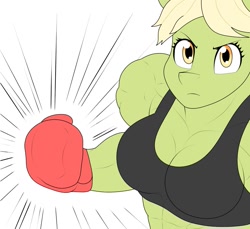 Size: 1345x1231 | Tagged: safe, artist:matchstickman, imported from derpibooru, granny smith, anthro, boxing, boxing gloves, breasts, clothes, female, fight, granny smash, muscles, muscular female, offscreen character, pov, punch, serious, serious face, solo, sports, sports bra, young granny smith, younger