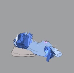 Size: 754x744 | Tagged: safe, artist:sannateacupss, imported from derpibooru, oc, oc only, oc:galaxy, earth pony, pony, earth pony oc, facing away, female, gray background, lying down, mare, on side, pillow, simple background, solo, underhoof