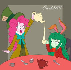 Size: 1280x1262 | Tagged: safe, artist:crock2121, imported from derpibooru, pinkie pie, wallflower blush, equestria girls, alice in wonderland, bunny ears, cup, female, lesbian, mad hatter, march hare, pinkieflower, shipping, tea party, teacup