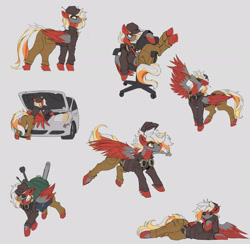 Size: 3000x2926 | Tagged: safe, alternate version, artist:nsilverdraws, imported from derpibooru, oc, oc only, oc:ember, oc:ember (ignis), pegasus, pony, cap, car, chainsaw, chair, clothes, goggles, hat, jacket, lying down, mechanic, pants, solo, spread wings, wings