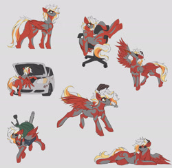 Size: 3000x2926 | Tagged: safe, alternate version, artist:nsilverdraws, imported from derpibooru, oc, oc only, oc:ember, oc:ember (ignis), pegasus, pony, cap, car, chainsaw, chair, hat, lying down, mechanic, solo, spread wings, wings