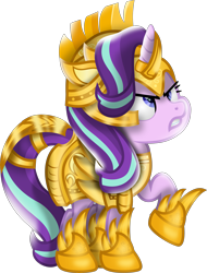 Size: 2819x3712 | Tagged: safe, artist:lincolnbrewsterfan, imported from derpibooru, starlight glimmer, pony, unicorn, a matter of principals, my little pony: the movie, .svg available, armor, armored pony, battle stance, blue eyes, colored pupils, decoration, design, female, flourish, focus, focused, frown, gameloft, gameloft interpretation, gold, helmet, high res, highlights, horn, horn guard (armor), inkscape, looking up, mare, movie accurate, narrowed eyes, protecting, raised hoof, serious, serious face, shading, shadow, shine, shiny, solo, stance, standing, svg, tail, tail band, teeth, vector