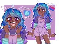 Size: 2160x1620 | Tagged: safe, artist:diameltzowo, imported from derpibooru, izzy moonbow, human, unicorn, bisexual, bisexual pride flag, clothes, cute, dark skin, female, g5, headcanon, horn, horned humanization, humanized, izzybetes, lgbt headcanon, my little pony: a new generation, open mouth, overalls, pride, pride flag, purple background, sexuality headcanon, simple background, solo