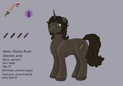 Size: 3500x2460 | Tagged: safe, artist:valdemar, imported from derpibooru, oc, oc only, oc:chubby brush, pony, unicorn, brown eyes, brown mane, cutie mark, dock, facial hair, glasses, glowing, glowing horn, goatee, gray background, high res, horn, magic, male, ponytail, reference, reference sheet, simple background, smiling, solo, stallion, tail, unshorn fetlocks