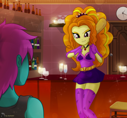 Size: 4450x4133 | Tagged: safe, artist:charliexe, imported from derpibooru, adagio dazzle, oc, oc:protein shake, comic:we will be adored, comic:we will be adored part 16, equestria girls, adagio gonna get ya, bar, baseball bat, clothes, female, gem, imminent violence, interpretation, intimidating, male, show accurate, siren gem, skirt, socks, thigh highs