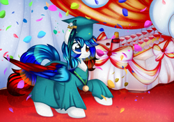 Size: 3209x2252 | Tagged: safe, artist:2pandita, imported from derpibooru, oc, pegasus, pony, clothes, colored wings, female, graduation cap, hat, heterochromia, mare, multicolored wings, solo, wings