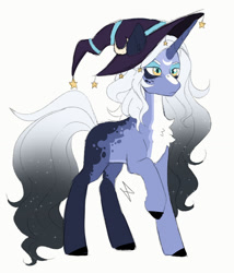 Size: 1280x1497 | Tagged: safe, artist:void-sommar, imported from derpibooru, oc, oc only, pony, unicorn, coat markings, ethereal mane, hat, magical lesbian spawn, offspring, parent:princess luna, parent:trixie, parents:luxie, simple background, solo, starry mane, white background, wizard hat, yellow eyes