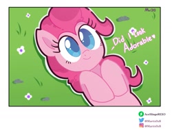 Size: 1423x1069 | Tagged: safe, artist:aceslingerexo, imported from derpibooru, pinkie pie, earth pony, pony, big eyes, cute, diapinkes, female, flower, grass, lying down, mare, on back, outline, smiling, solo, white outline