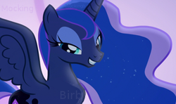 Size: 283x168 | Tagged: safe, artist:mockingbirb, edit, edited screencap, imported from derpibooru, screencap, princess luna, rarity, alternate universe, body swap, fanfic, fanfic art, fanfic cover, flirting, half-lidded eyes, mad science, smiling