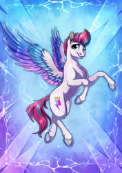 Size: 3508x4961 | Tagged: safe, artist:lupiarts, imported from derpibooru, zipp storm, pegasus, pony, absurd resolution, chest fluff, colored wings, cute, digital art, drawing, female, flying, g5, looking at you, multicolored wings, my little pony: a new generation, poster, smiling, solo, spread wings, wings