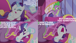 Size: 1280x720 | Tagged: safe, edit, edited screencap, editor:quoterific, imported from derpibooru, screencap, rarity, spike, dragon, pony, unicorn, inspiration manifestation, season 4, alliteration, carousel boutique, couch, crying, eyes closed, female, food, ice cream, magic, male, mare, marshmelodrama, nose in the air, open mouth, open smile, rarity being rarity, smiling, spoon, telekinesis