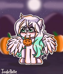 Size: 1417x1682 | Tagged: safe, artist:jinglebelle, imported from derpibooru, oc, oc only, pegasus, pony, blushing, full moon, glasses, moon, night, outdoors, pegasus oc, pumpkin, pumpkin bucket, signature, solo, spread wings, stars, wings