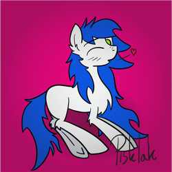 Size: 2370x2366 | Tagged: safe, artist:pisklakozaur, imported from derpibooru, oc, oc only, earth pony, pony, chest fluff, ear fluff, one eye closed, purple background, signature, simple background, solo, wink