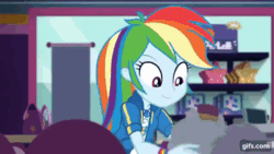 Size: 640x360 | Tagged: safe, imported from derpibooru, screencap, rainbow dash, equestria girls, equestria girls series, holidays unwrapped, spoiler:eqg series (season 2), animated, clothes, cutie mark on clothes, dashing through the mall, female, geode of super speed, gif, gifs.com, hoodie, jewelry, magical geodes, necklace, shrunken pupils, smiling, solo
