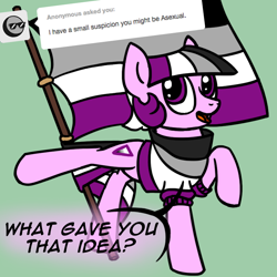Size: 800x800 | Tagged: safe, artist:thedragenda, imported from derpibooru, oc, oc:ace, earth pony, pony, asexual pride flag, ask-acepony, female, mare, ponified flag, pride, pride flag, solo