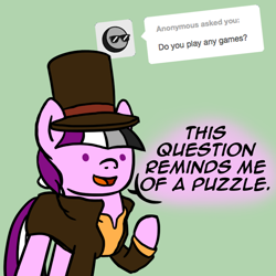 Size: 800x800 | Tagged: safe, artist:thedragenda, imported from derpibooru, oc, oc:ace, pony, ask-acepony, clothes, female, hat, mare, professor layton, solo, top hat