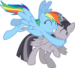 Size: 3805x3460 | Tagged: safe, anonymous artist, artist:sagegami, edit, imported from derpibooru, rainbow dash, twilight sparkle, alicorn, pegasus, pony, magical mystery cure, ^^, cute, discorded, discorded twilight, duo, duo female, eyes closed, female, grin, high res, hooves, hug, mare, raised hoof, simple background, smiling, spread wings, transparent background, twilight sparkle (alicorn), twilight tragedy, vector, wings
