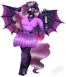 Size: 1267x1483 | Tagged: safe, artist:teonnakatztkgs, imported from derpibooru, oc, oc only, anthro, bat pony, bat pony oc, bat wings, black background, clothes, collar, ethereal mane, furry, signature, simple background, skirt, smiling, spread wings, starry mane, starry wings, waving, wings