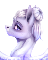 Size: 2000x2500 | Tagged: safe, artist:inarimayer, imported from derpibooru, oc, oc only, pegasus, pony, bust, ear fluff, female, hair bun, high res, looking back, mare, pegasus oc, smiling, solo, wings