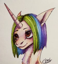 Size: 1024x1135 | Tagged: safe, artist:inarimayer, imported from derpibooru, oc, oc only, pony, unicorn, bust, horn, multicolored hair, rainbow hair, signature, solo, traditional art, unicorn oc