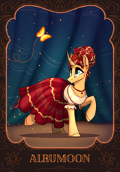 Size: 1668x2388 | Tagged: source needed, useless source url, safe, artist:alrumoon_art, imported from derpibooru, sunset shimmer, butterfly, pony, unicorn, alternate hairstyle, clothes, cosplay, costume, curtains, curved horn, dolores madrigal, dress, ear piercing, earring, encanto, eyebrows, female, flying, hooves, horn, jewelry, looking at something, looking up, mare, necklace, open mouth, piercing, raised hoof, raised leg, solo, sun, sunset cosplay flashmob