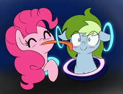 Size: 1183x907 | Tagged: safe, artist:dendollae, imported from derpibooru, pinkie pie, oc, oc:nessy gouge, earth pony, pony, blushing, female, lesbian, licking, portal, tongue out