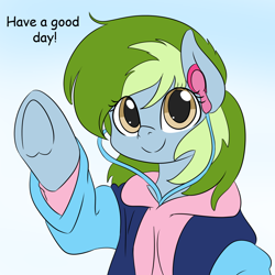 Size: 1050x1050 | Tagged: safe, artist:dendollae, imported from derpibooru, oc, oc only, oc:nessy gouge, earth pony, pony, clothes, earbuds, female, looking at you, mare, solo, underhoof