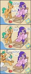 Size: 1515x3612 | Tagged: safe, artist:doodledonutart, imported from derpibooru, hitch trailblazer, pipp petals, bird, earth pony, pegasus, pony, seagull, beach, beach ball, bucket, cellphone, comic, critter magnet, critters, female, g5, headband, implied hitchpipp, male, mare, my little pony: a new generation, phone, shovel, stallion, sunbathing