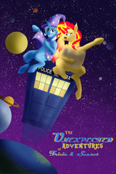 Size: 2000x3000 | Tagged: safe, artist:sixes&sevens, imported from derpibooru, sunset shimmer, trixie, alicorn, pony, unicorn, angry, bill & ted, bill & ted's excellent adventure, cape, clothes, dab, doctor who, fanfic, fanfic art, fanfic cover, hat, map, planet, pointing, race swap, smiling, space, tardis, trixie's cape, trixie's hat, yelling