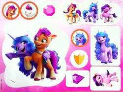 Size: 1858x1397 | Tagged: safe, imported from derpibooru, izzy moonbow, pipp petals, sunny starscout, zipp storm, earth pony, pegasus, pony, unicorn, 3d, book, crystal, egmont, g5, looking at you, merchandise, my little pony: a new generation, official, one eye closed, raised hoof, red eyes, smug, sticker, wink, winking at you