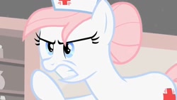 Size: 1280x720 | Tagged: safe, imported from derpibooru, screencap, nurse redheart, earth pony, pony, baby cakes, season 2, angry, female, hat, mare, nurse hat, solo