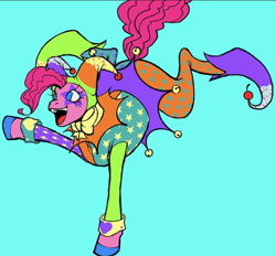Size: 720x668 | Tagged: safe, artist:creep, imported from derpibooru, pinkie pie, earth pony, blue background, female, handstand, instagram, jester, jester pie, mare, simple background, upside down