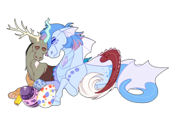 Size: 1700x1100 | Tagged: safe, artist:uunicornicc, imported from derpibooru, discord, oc, siren, antlers, canon x oc, egg (food), food, lying down, parent:discord, parents:canon x oc, prone, shipping, simple background, transparent background