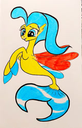 Size: 818x1280 | Tagged: safe, artist:wegio, imported from derpibooru, princess skystar, seapony (g4), my little pony: the movie, blue eyes, blue mane, blue tail, dorsal fin, female, fin wings, fins, fish tail, flowing mane, flowing tail, red wings, simple background, smiling, solo, tail, white background, wings