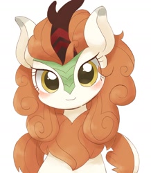 Size: 1598x1835 | Tagged: safe, artist:ginmaruxx, imported from derpibooru, autumn blaze, kirin, awwtumn blaze, blushing, bust, cute, eye clipping through hair, female, kirinbetes, looking at you, simple background, smiling, solo, white background