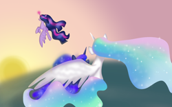 Size: 4000x2500 | Tagged: safe, artist:nitlynjane, imported from derpibooru, princess celestia, princess luna, twilight sparkle, alicorn, pony, the last problem, ethereal mane, female, flying, galaxy mane, glowing, glowing horn, gradient mane, high res, horn, looking at someone, magic, magic aura, mare, missing accessory, older, older twilight, older twilight sparkle (alicorn), princess twilight 2.0, royal sisters, siblings, sisters, spread wings, starry mane, trio, trio female, twilight sparkle (alicorn), wat, wings