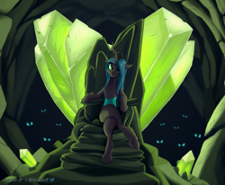 Size: 2565x2115 | Tagged: safe, artist:kanzlerjif, imported from derpibooru, queen chrysalis, changeling, cave, crossed legs, crown, crystal, dark background, digital art, female, green eyes, heart, horn, jewelry, mare, regalia, solo, throne