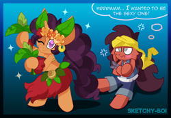 Size: 5100x3500 | Tagged: safe, artist:snakeythingy, imported from derpibooru, saffron masala, oc, oc:sketchy dupe, bolo, canon x oc, clothes, crossover, dancing, female, grass skirt, hula, hula dance, male, shantae, shantae and the seven sirens, skirt, straight