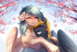 Size: 3800x2600 | Tagged: safe, artist:fenwaru, imported from derpibooru, oc, oc only, oc:osteen, oc:peacher, pegasus, pony, blushing, chest fluff, ear fluff, eyes closed, forest background, hug, leaves, love, peachsteen, pegasus oc, smiling, spread wings, teeth, unshorn fetlocks, wings