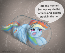 Size: 2386x1963 | Tagged: safe, artist:ledwine glass, edit, imported from derpibooru, rainbow dash, pegasus, pony, adorable distress, blatant lies, cookie jar, crumbs, cute, dashabetes, dialogue, ears back, female, jar, lying down, mare, not what it looks like, open mouth, sad, sad eyes, sadorable, simple background, solo, spread wings, text, this will end in colic, wings