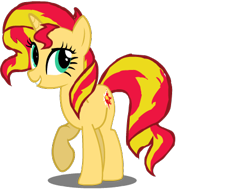 Size: 478x362 | Tagged: safe, artist:midnight-wisp-pone, imported from derpibooru, sunset shimmer, pony, unicorn, female, full body, grin, hooves, horn, mare, raised hoof, shadow, simple background, smiling, solo, standing, tail, three quarter view, transparent background, two toned mane, two toned tail