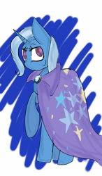 Size: 750x1280 | Tagged: safe, artist:midnight-wisp-pone, imported from derpibooru, trixie, pony, unicorn, 2014, blue background, cape, clothes, female, horn, looking at you, raised hoof, simple background, solo, trixie's cape