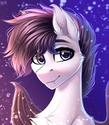 Size: 2500x2850 | Tagged: safe, artist:hakaina, imported from derpibooru, oc, oc only, oc:mythic horizon, bat pony, pony, bat wings, bust, cheek fluff, chest fluff, commission, cute, cute little fangs, ear fluff, fangs, looking at you, male, solo, stallion, wings, ych result