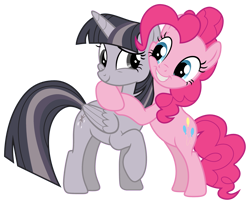 Size: 2437x1988 | Tagged: safe, anonymous artist, artist:sonofaskywalker, edit, imported from derpibooru, pinkie pie, twilight sparkle, alicorn, earth pony, pony, the summer sun setback, bipedal, blue eyes, cheering up, cute, diapinkes, discorded, discorded twilight, duo, duo female, female, folded wings, friends, grin, high res, hooves, horn, hug, looking at each other, looking at someone, mare, pink mane, pink tail, raised eyebrow, raised hoof, simple background, smiling, smiling at each other, squishy cheeks, standing, tail, transparent background, twiabetes, twilight sparkle (alicorn), twilight tragedy, vector, wings